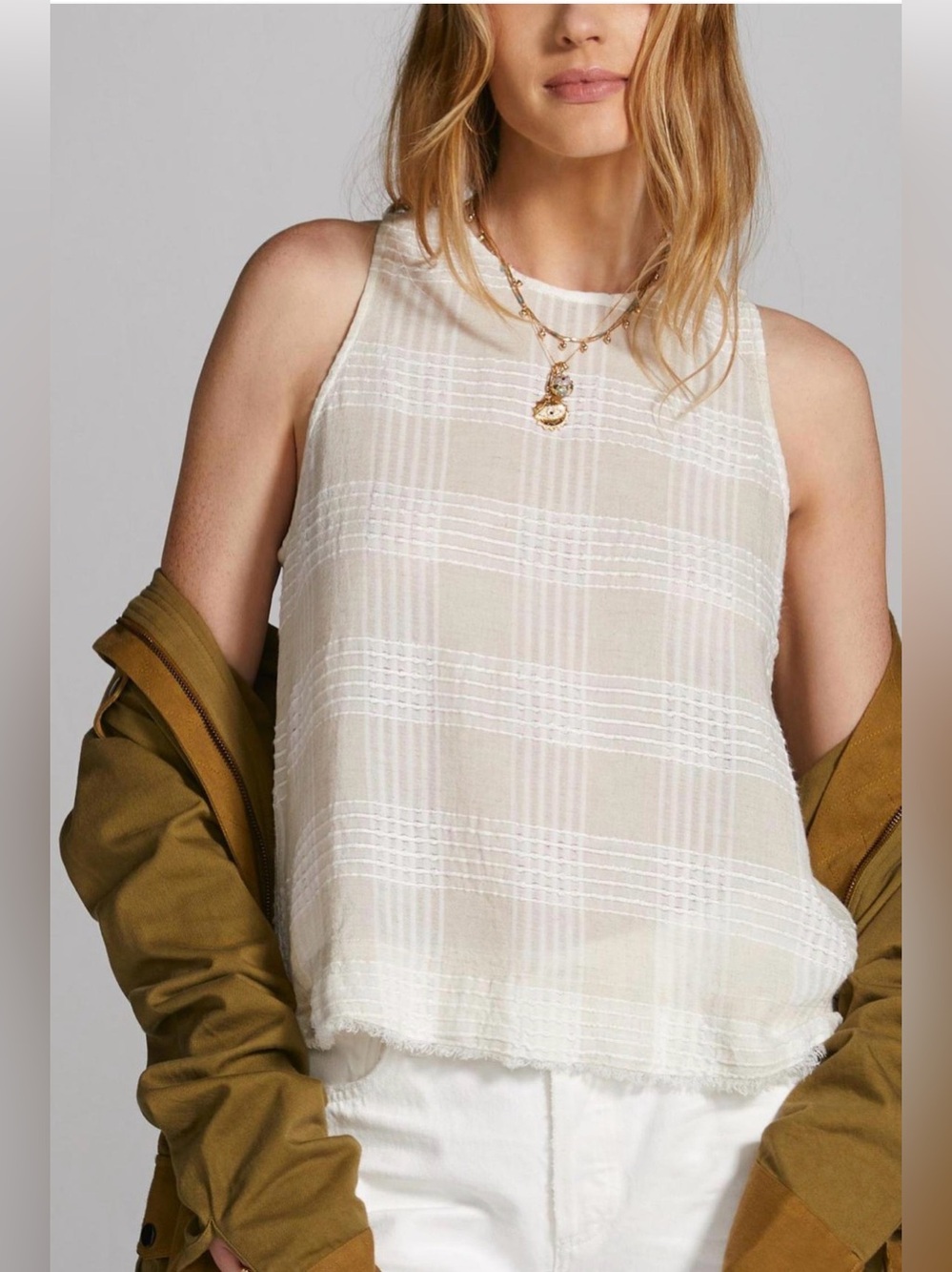 cloth & stone x Anthropologie Woven Plaid Linen Button Back Fringe-Hem Tank